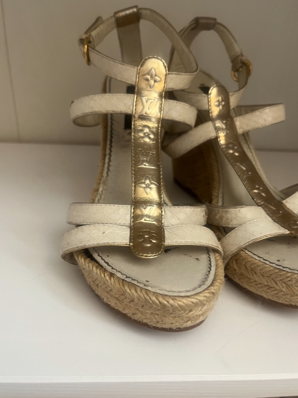 Louis Vuitton White and Gold Espadrille Wedge Sandals 6 - Picture 2 of 15